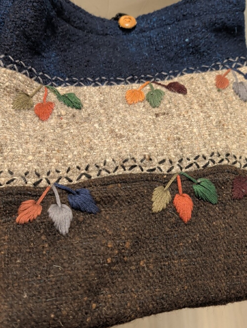 Handcrafted Boho Hippi Navy Gray Crossbody Bag with Embroidered Leaf Accents